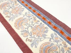 手織り真綿紬　縞に唐花模様織り出し名古屋帯